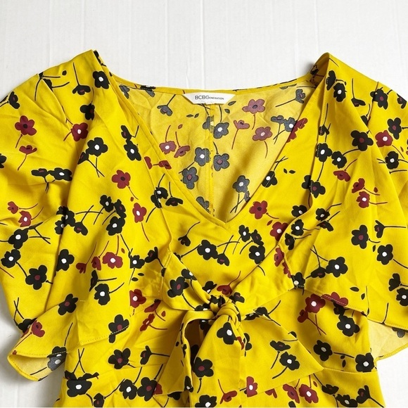 BCBGeneration Women's Yellow Bow Tie Floral Ruffle Dress - Medium - Picture 9 of 13